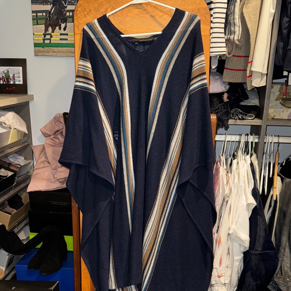 360 Cashmere V-Neck Sweater Cape with Navy and Tan Stripes